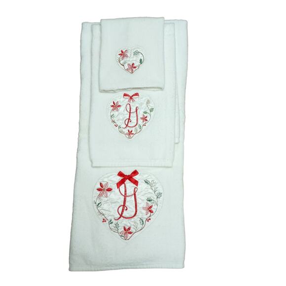 🎄Vintage Christmas Towel Set Monogram G Heart 💖 Holiday Bath Distressed - Picture 5 of 9